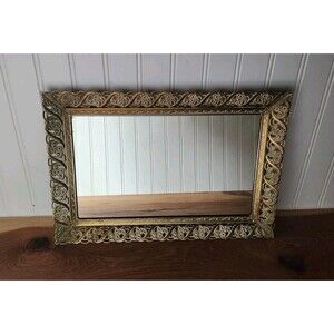 Vintage Gold Vanity Mirror Tray Ornate Filigree Hollywood Regency Felt Back